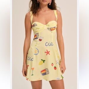 Revolve For Love & Lemons Ciao Mini Dress Vacation Beach Print Yellow Satin Med